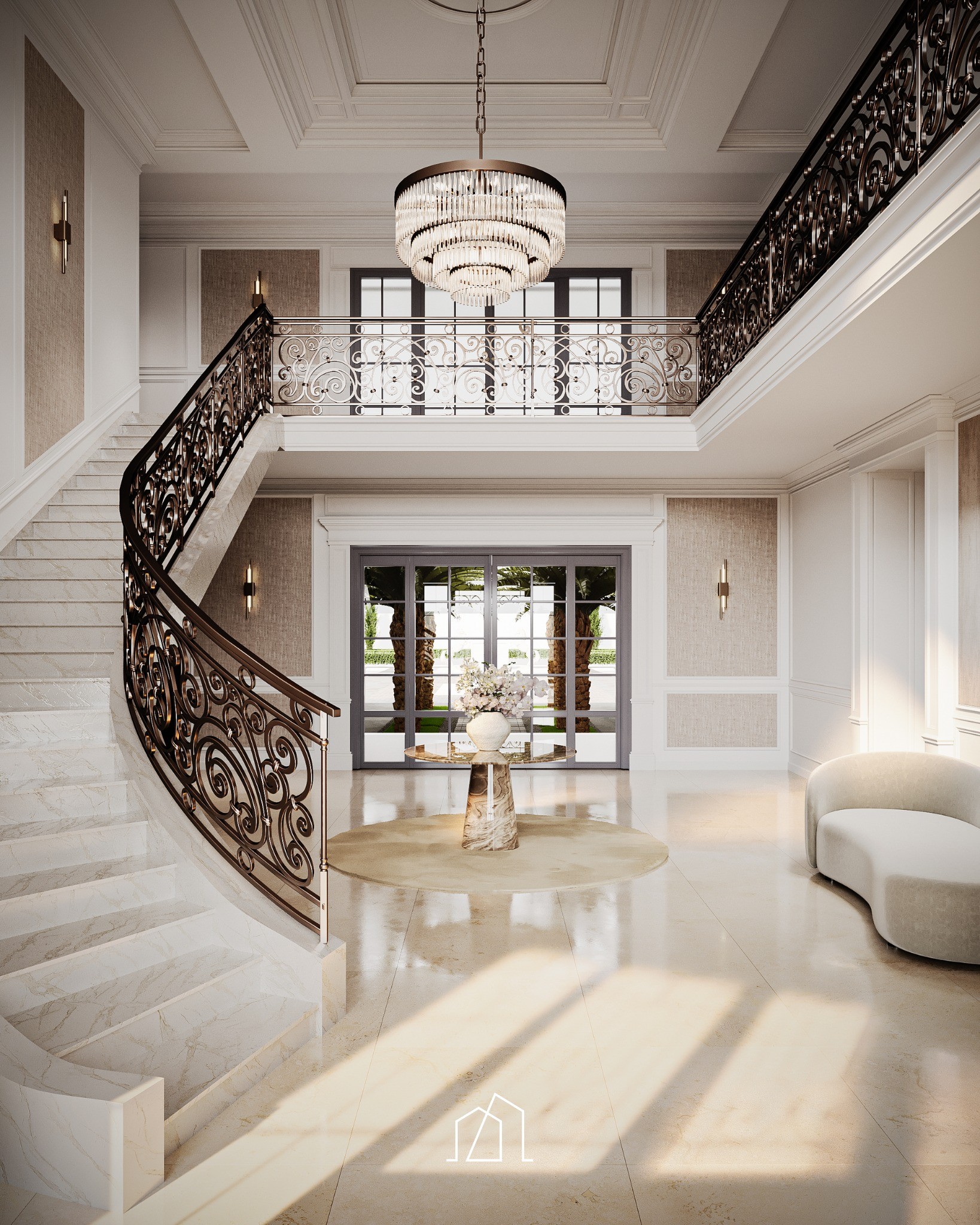 Lichte entreehal met monumentale trap en smeedijzeren balustrade