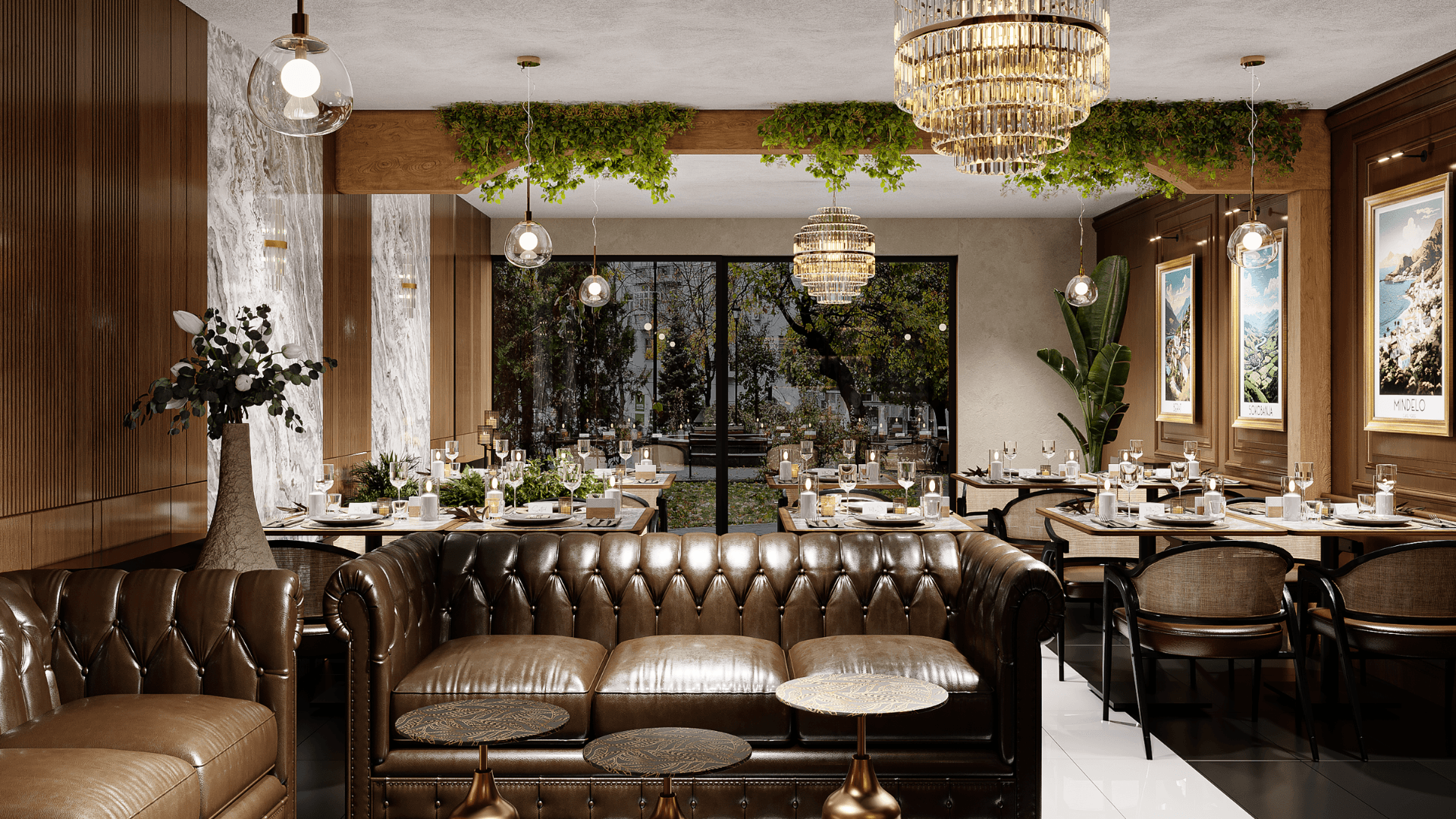 Serre interieur met warme materialen en ronde tafels